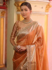 Peach Tissue Saree with Zari Lace Border