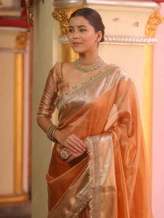 Peach Tissue Saree with Zari Lace Border