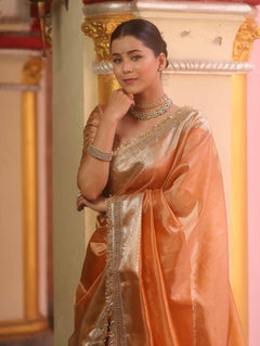 Peach Tissue Saree with Zari Lace Border