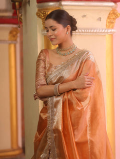 Peach Tissue Saree with Zari Lace Border