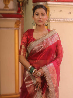Red Tissue Saree with Zari Lace Border
