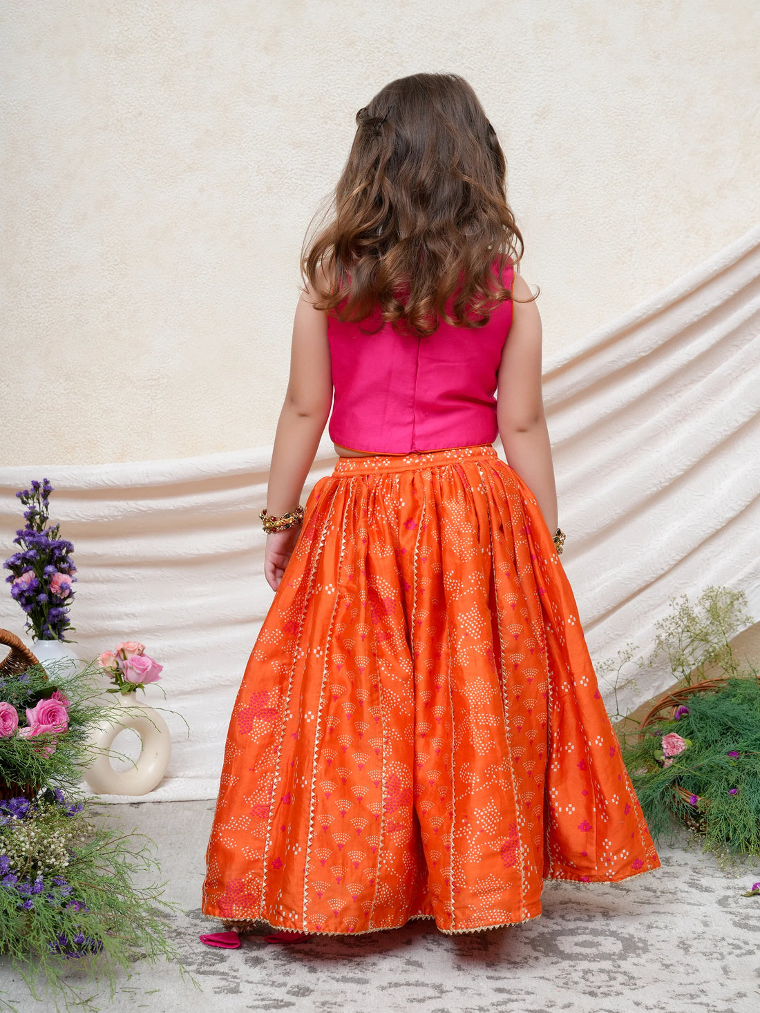 Hot Pink Orange Chanderi Gota Ghaghra Set