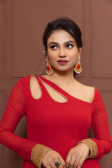 Chanderi Red Petal Neck Anarkali with Dupatta