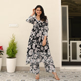 White Black Floral Schiffli Co-ord Set