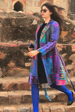 Blue Patola Silk Patchwork Kantha Trench Coat
