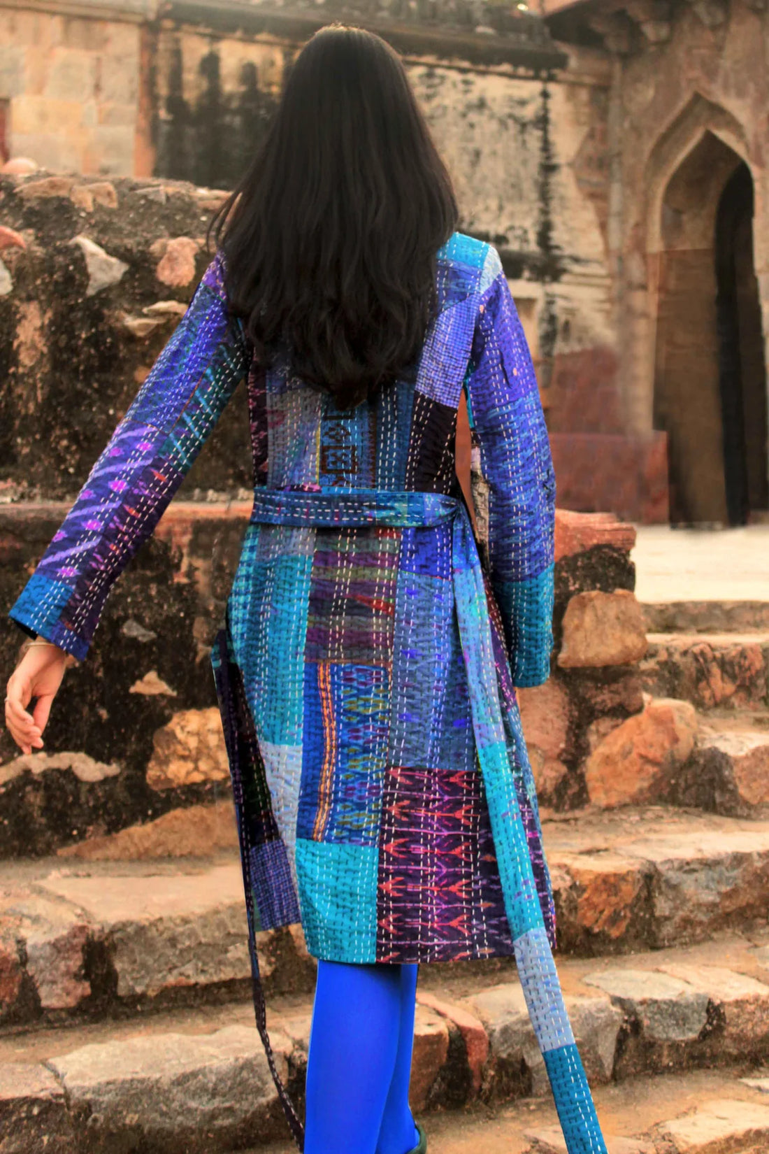 Blue Patola Silk Patchwork Kantha Trench Coat
