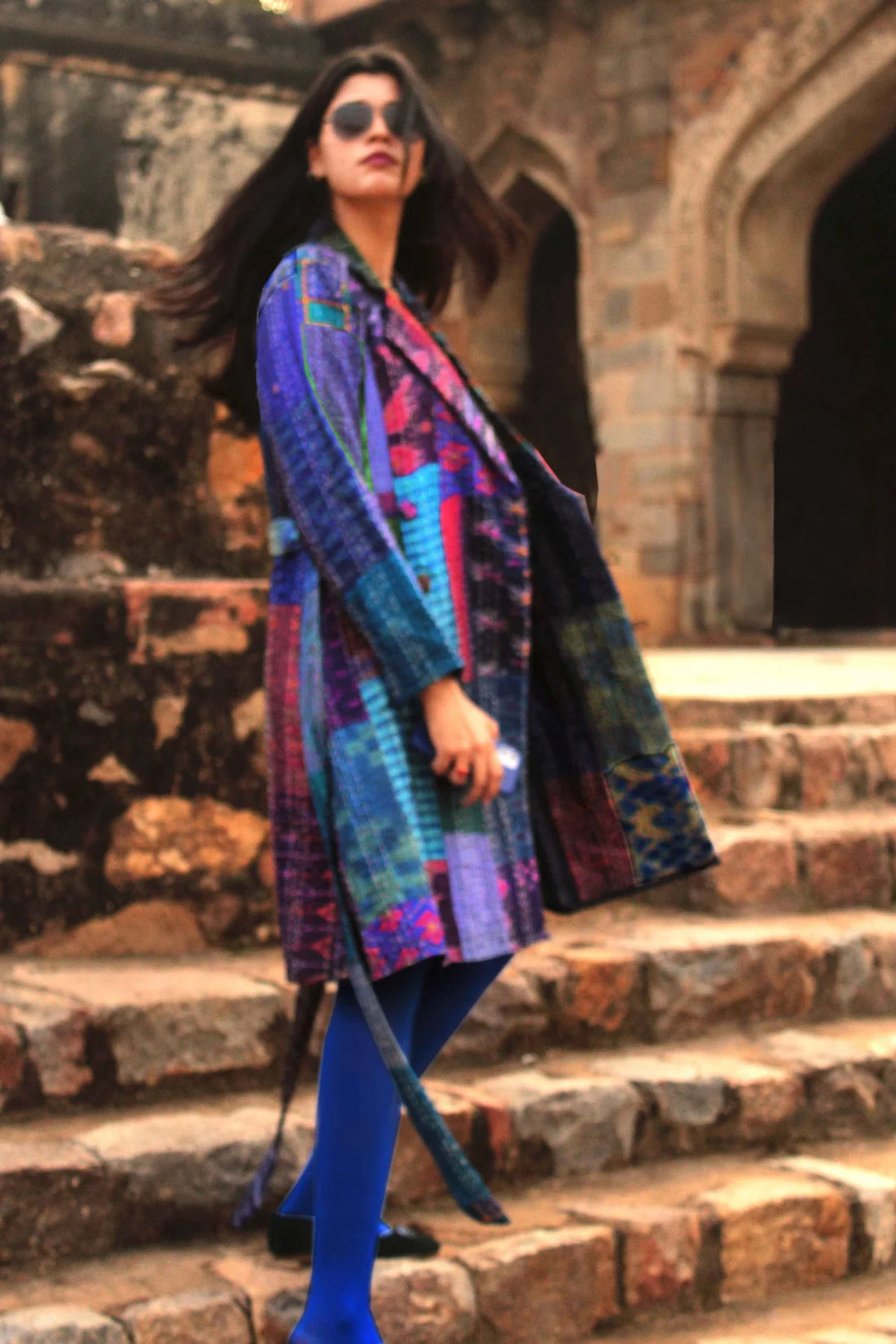 Blue Patola Silk Patchwork Kantha Trench Coat
