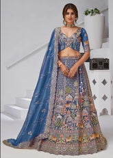 Teal Blue Organza Tissue Bridal Lehenga