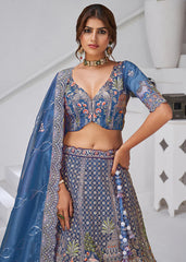Teal Blue Organza Tissue Bridal Lehenga