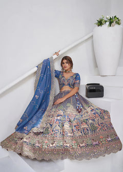Teal Blue Organza Tissue Bridal Lehenga