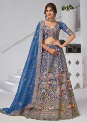 Teal Blue Organza Tissue Bridal Lehenga