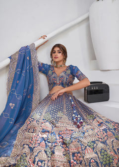 Teal Blue Organza Tissue Bridal Lehenga