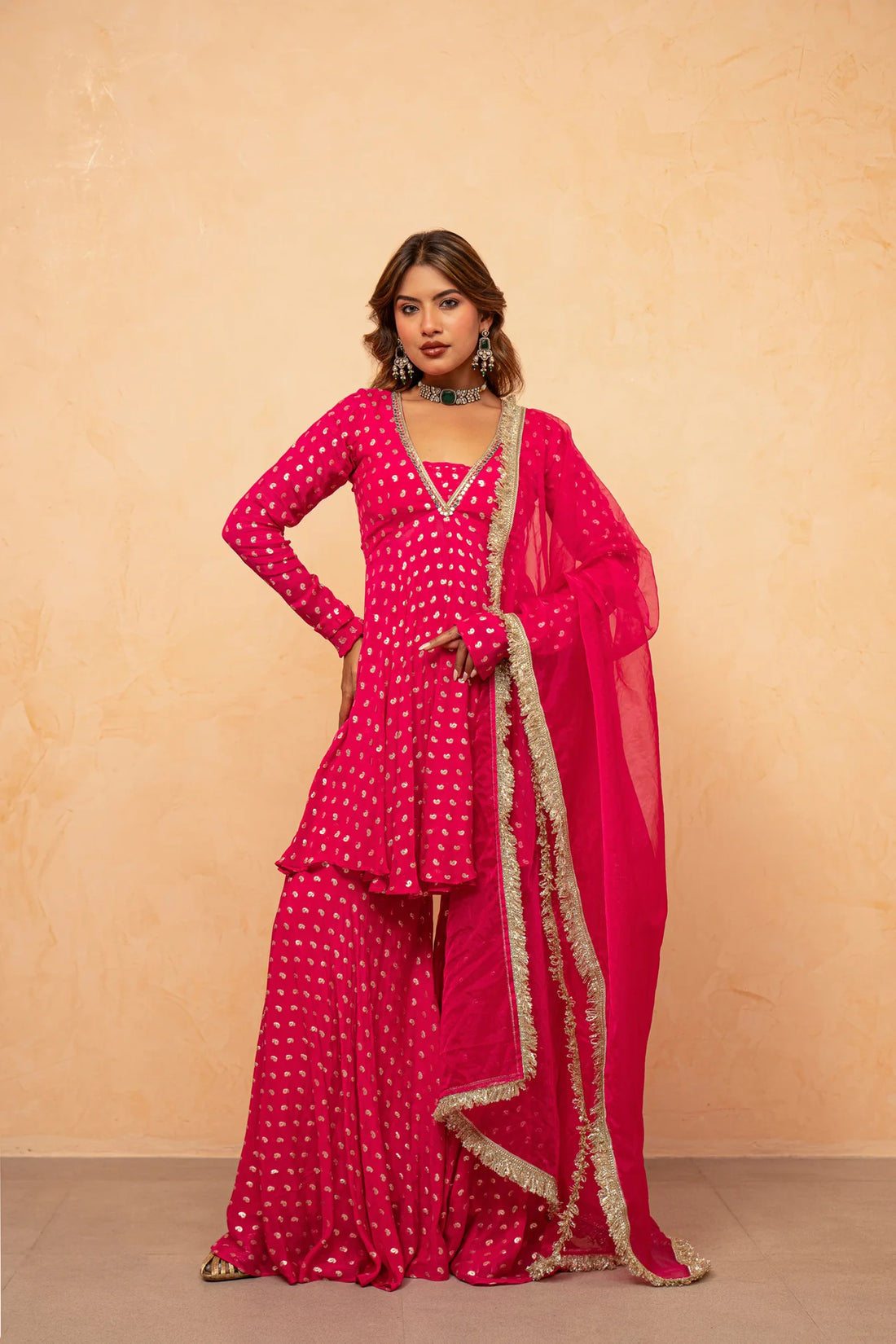 Rani Noor Golden Butti Sharara Set with Organza Dupatta