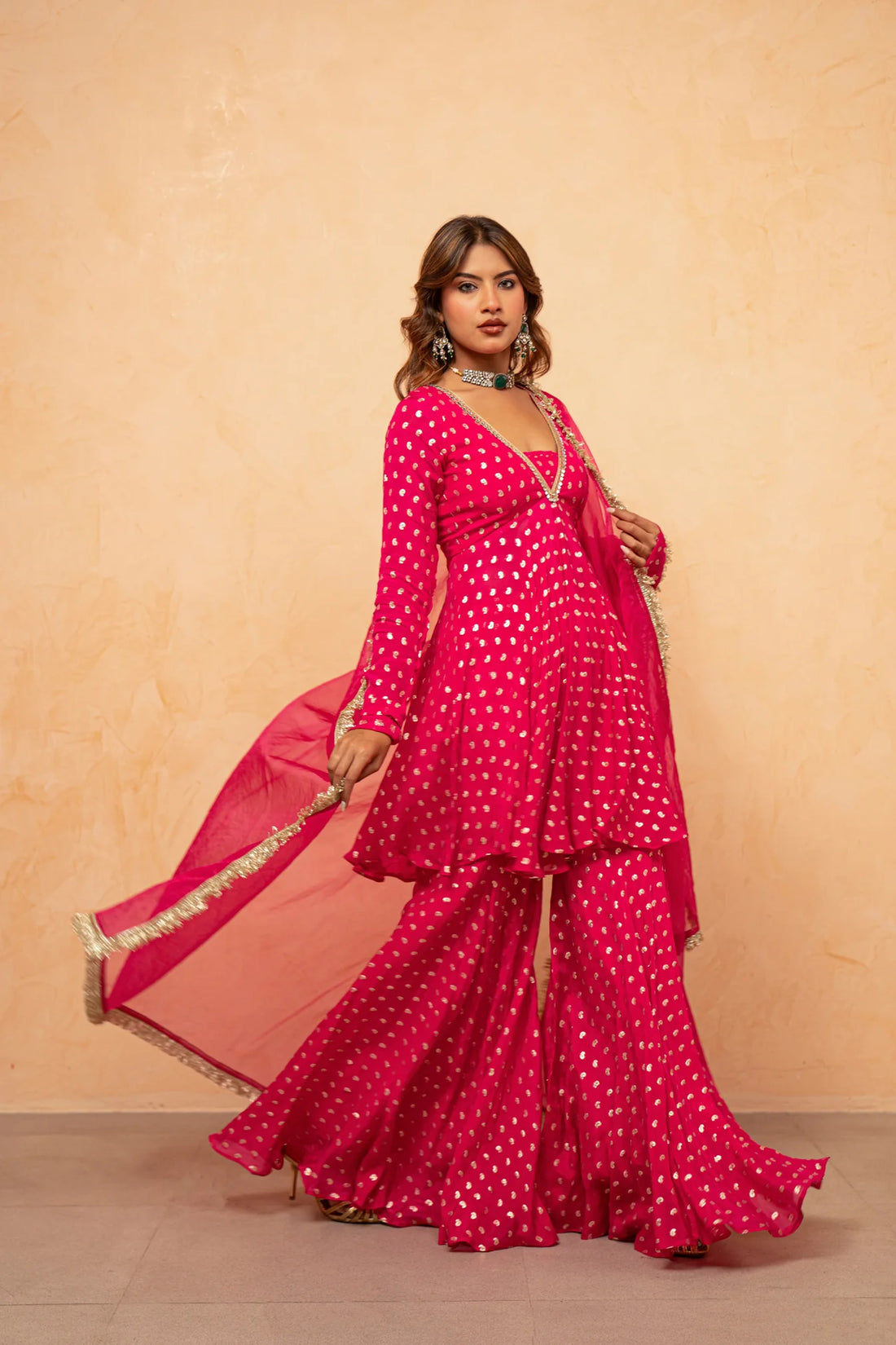 Rani Noor Golden Butti Sharara Set with Organza Dupatta