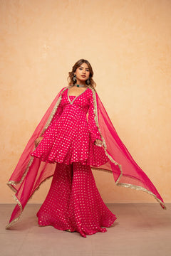 Rani Noor Golden Butti Sharara Set with Organza Dupatta
