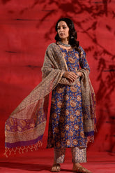 Blue Red Kalamkari Cotton Suit Set