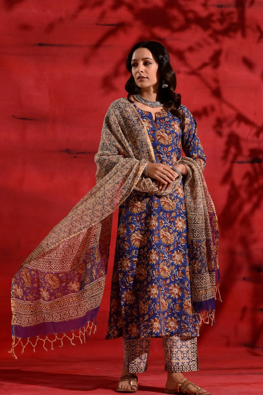 Blue Red Kalamkari Cotton Suit Set