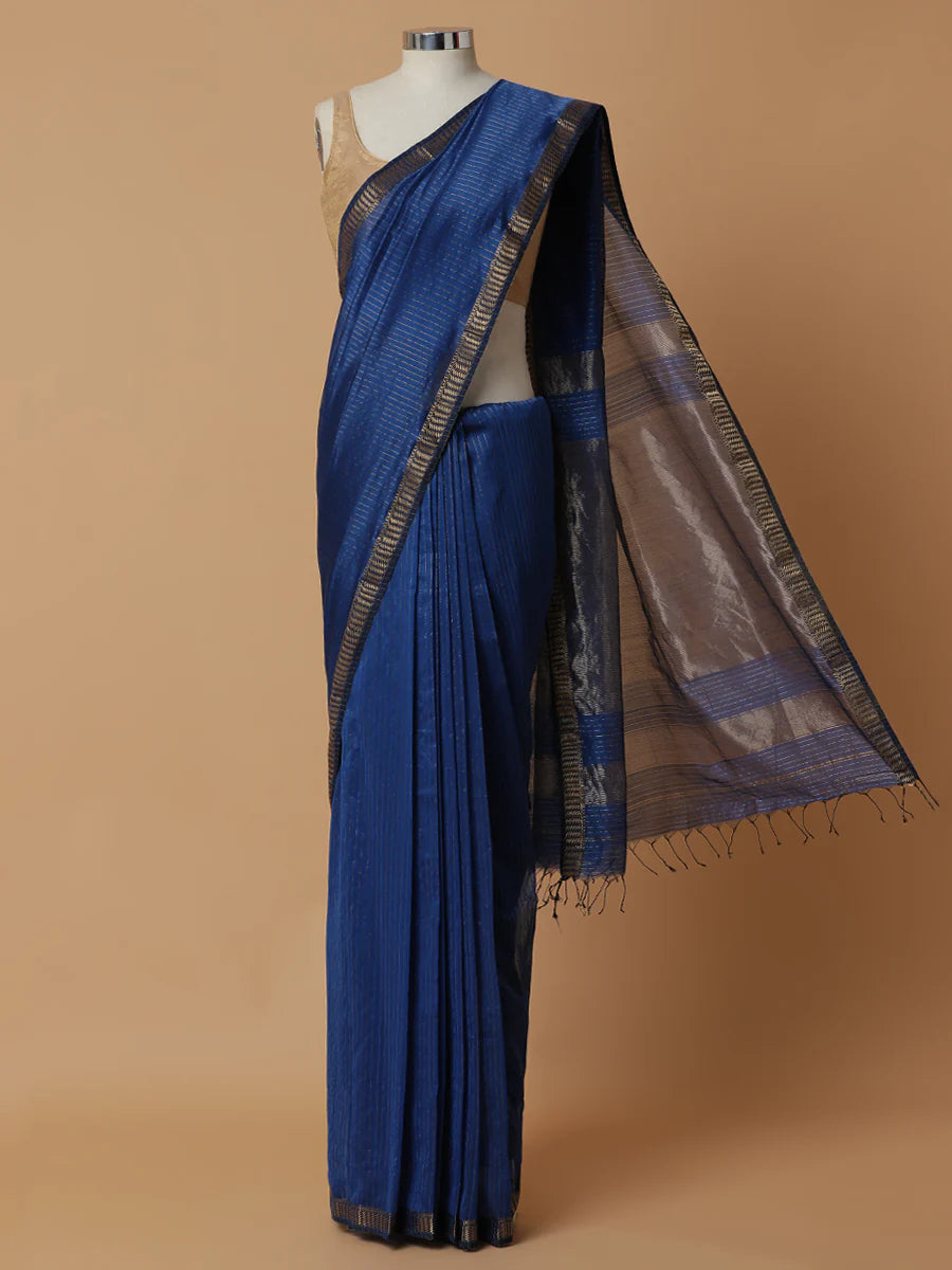 Maheshwari Cotton Silk Indigo Blue Golden Zari Border Saree