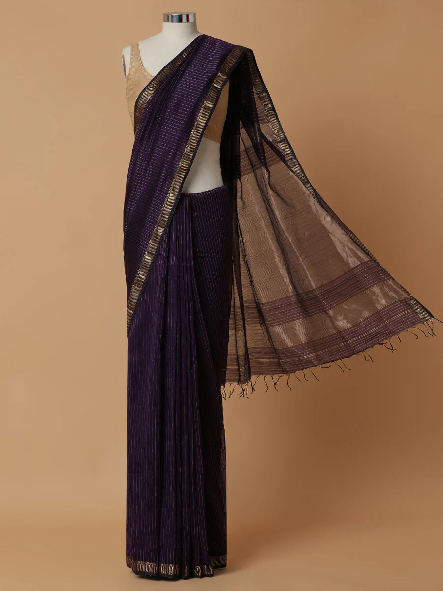 Maheshwari Cotton Silk Violet Golden Zari Border Saree