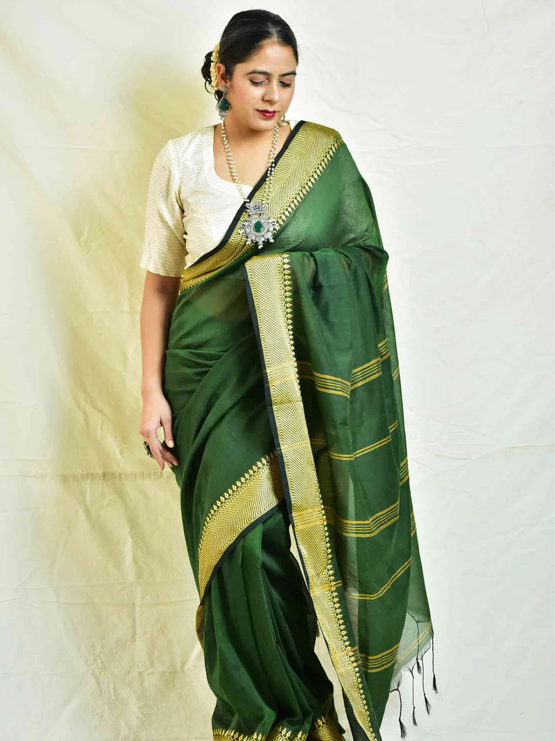 Mehndi Cotton Saree With Woven Border