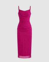 Mesh Solid Ruched Hot Pink Midi Dress