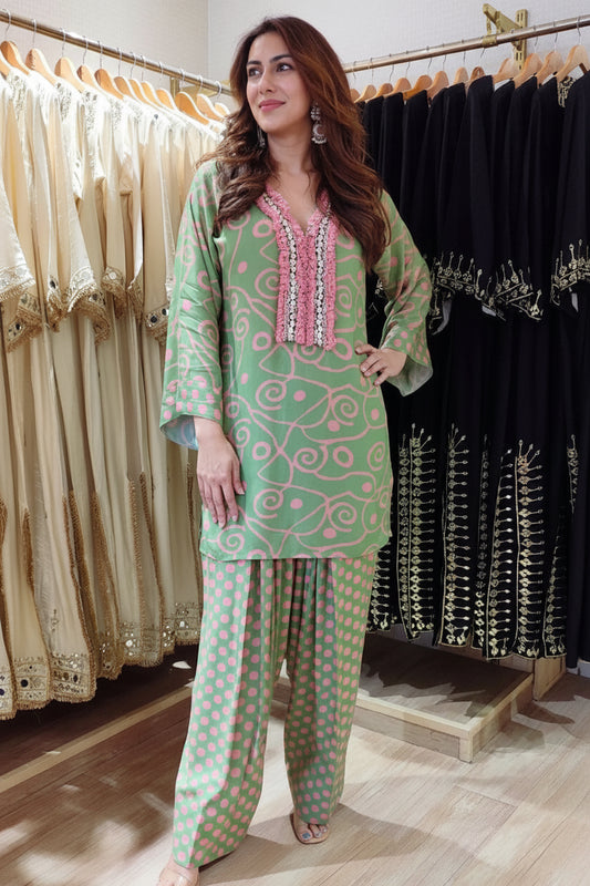 Mint Blossom Printed Farshi Co-Ord Set