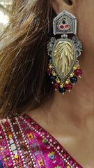 Mixed Metal Black Red Leaf Earrings