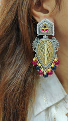 Mixed Metal Black Red Leaf Earrings