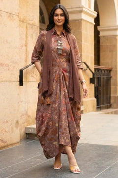 Mocha Bloom Fusion Drape Cotton Dress