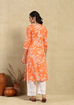 Mulmul Orange Chikankari Straight Kurta