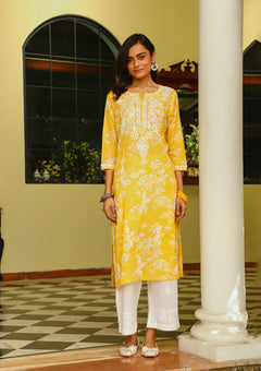 Mulmul Orange Chikankari Straight Kurta