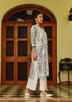 Mulmul Orange Chikankari Straight Kurta