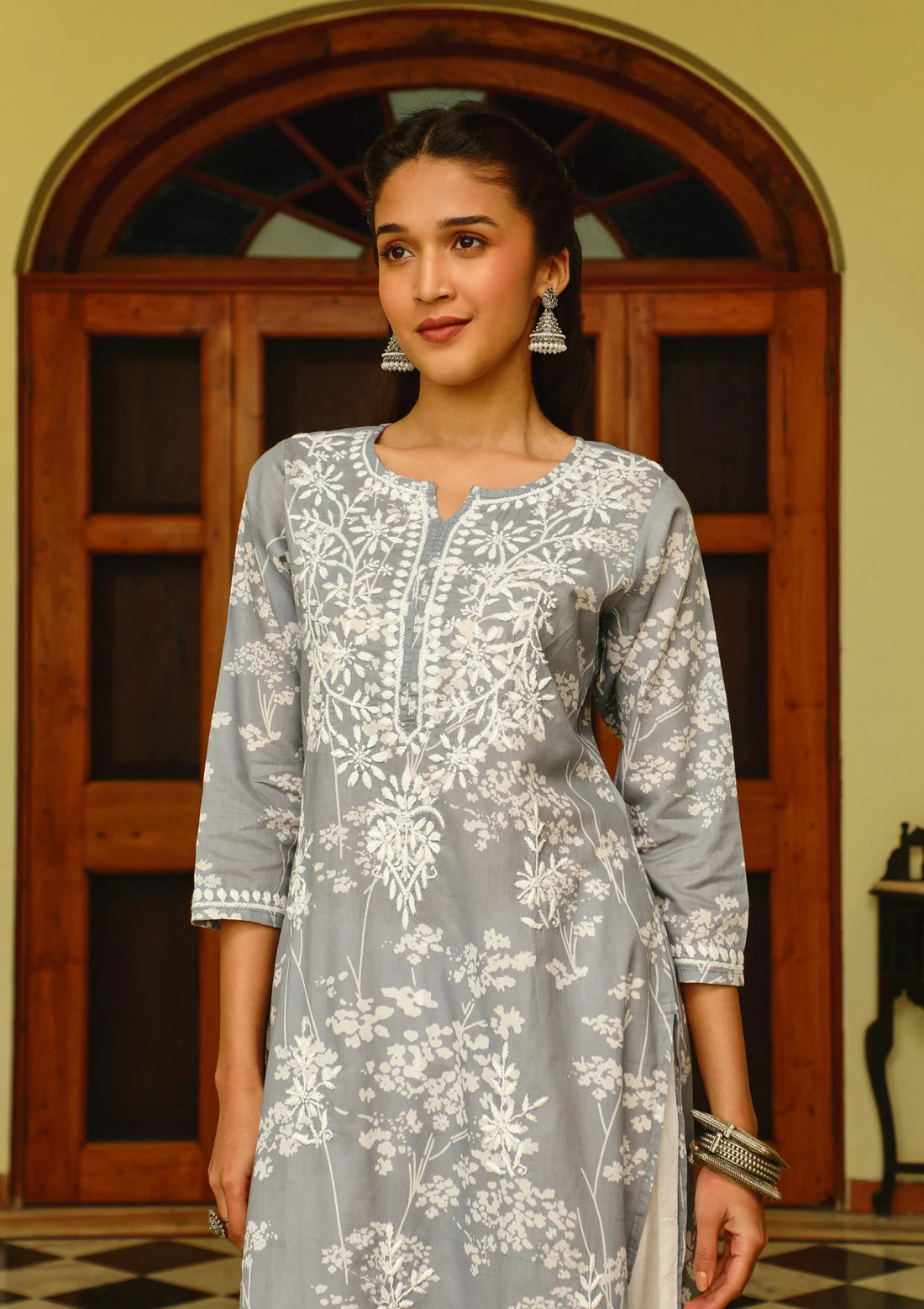 Mulmul Orange Chikankari Straight Kurta