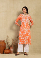 Mulmul Orange Chikankari Straight Kurta