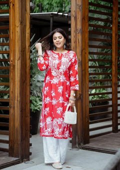 Mulmul Red Chikankari Straight Kurta