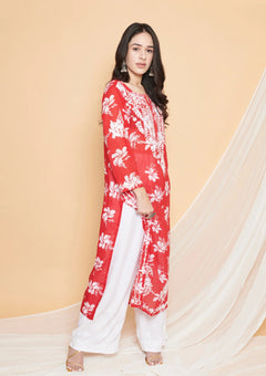 Mulmul Red Chikankari Straight Kurta