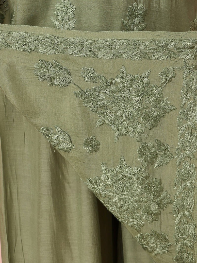 Muslin Light Green Chikankari Kurti Palazzo Set