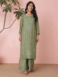 Muslin Light Green Chikankari Kurti Palazzo Set