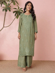 Muslin Light Green Chikankari Kurti Palazzo Set