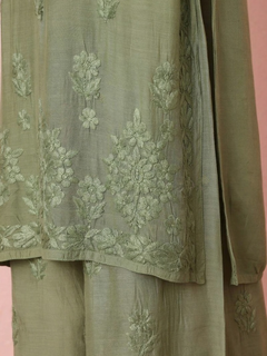 Muslin Light Green Chikankari Kurti Palazzo Set