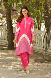 Muslin Pink Lehariya Kurta Set with Gota Work