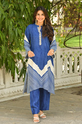 Blue Lehariya Muslin Kurta Set with Gota Work on Neck