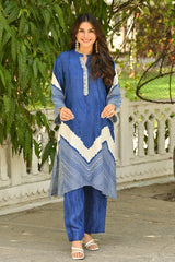 Blue Lehariya Muslin Kurta Set with Gota Work on Neck