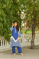 Blue Lehariya Muslin Kurta Set with Gota Work on Neck