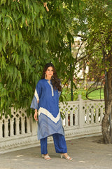 Blue Lehariya Muslin Kurta Set with Gota Work on Neck