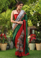Green Grey Ikat Cotton Saree with Pallu