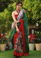 Green Grey Ikat Cotton Saree with Pallu