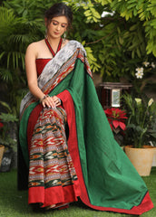 Green Grey Ikat Cotton Saree with Pallu