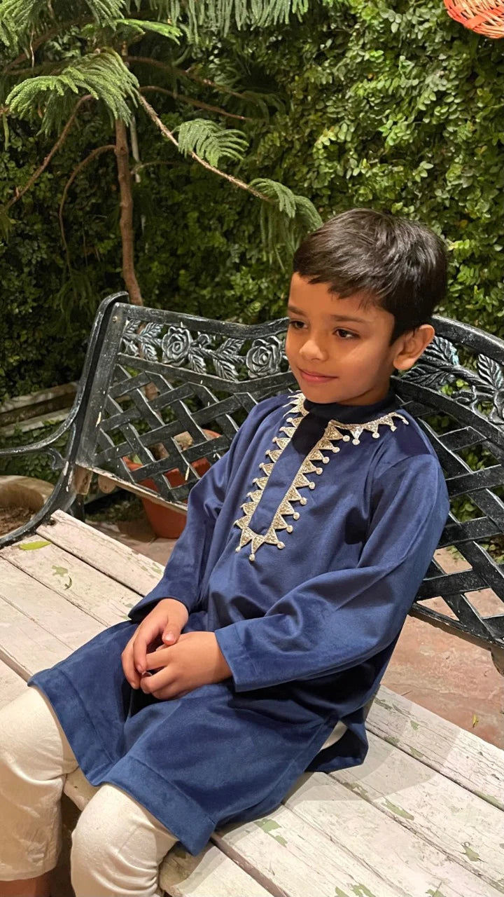 Navy Velvet Boys Kurta Set