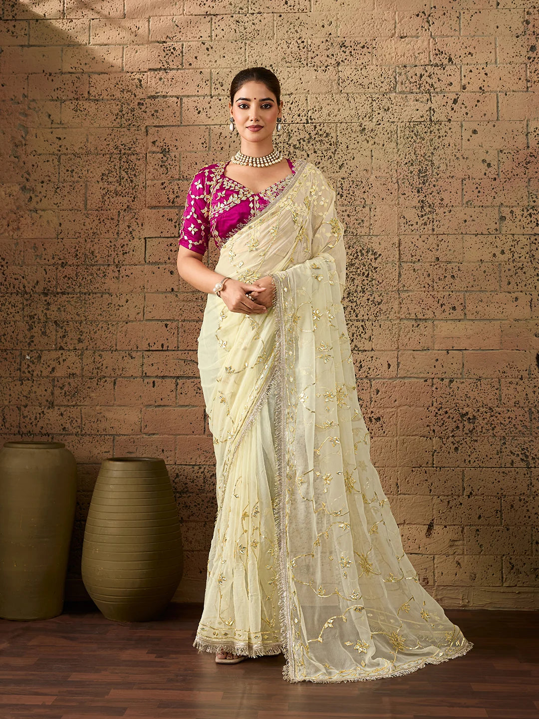 Chiffon Kaccha Gotapatti Work Party Wear Saree with Stitched Angi Blouse